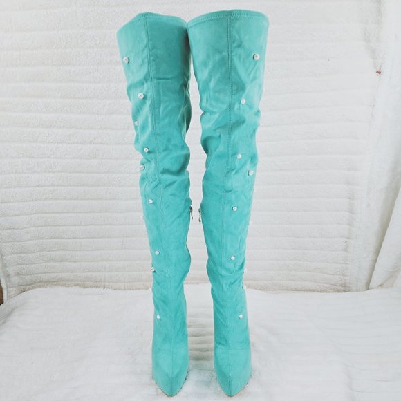 Mint Green Faux Stretch Suede Platform High Heel Thigh High Boots - Picture 13 of 16